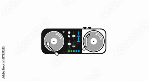 A minimalist vector illustration of a black DJ mixer with two turntables and colorful controls