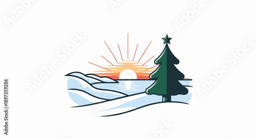 A serene winter landscape illustration with snow-covered hills, a lake, a rising sun, and a decorated fir tree