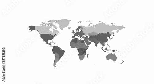 A minimalist world map illustration displaying global territories in various shades of gray on white