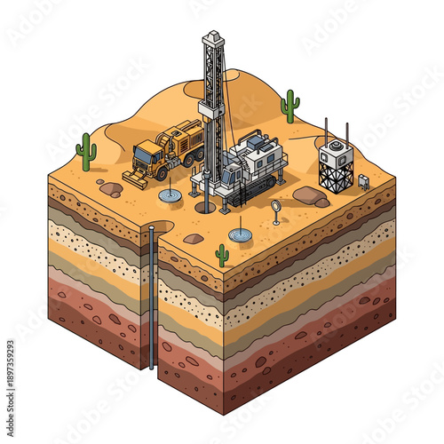 Isometric Cross Section of Desert Drilling Operation for Water Well.