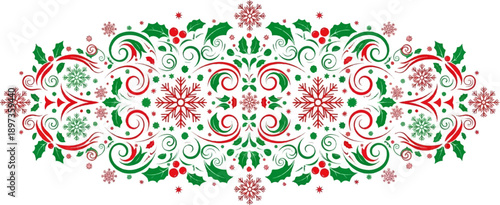 A festive, symmetrical Christmas border design with red and green holly, berries, snowflakes, and ornate scrolls