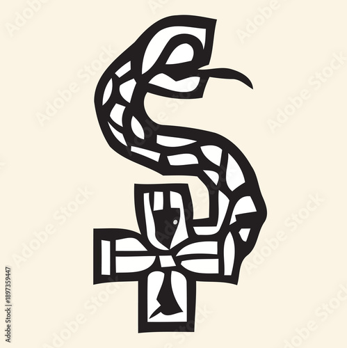 Hand-drawn brush calligraphy vector illustration of a dollar symbol artfully designed with Japanese kanji character style using euro banknotes and coins for business money sign design.