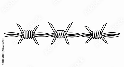 A monochrome cartoon illustration depicting three sections of barbed wire with sharp spikes
