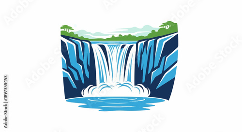 A stylized illustration of a powerful waterfall cascading between towering cliffs with trees and distant hills