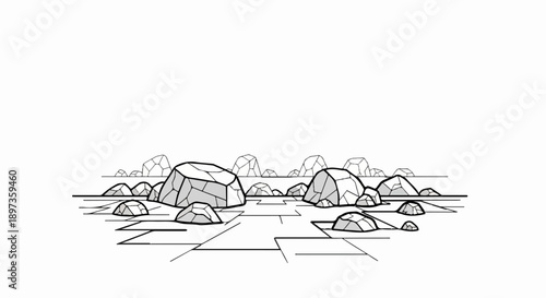 A monochromatic line art illustration depicting various geometric rocks scattered across a stylized flat ground