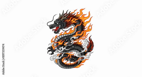 A fierce, stylized black dragon with glowing orange flames and white smoke coiling around its body