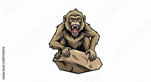 A fierce cartoon primate with brown fur and open mouth, roaring intensely, sits on a brown rock