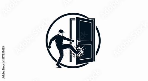 A figure in a cap forcefully kicking a door open, stylized in a circular, dark silhouette graphic