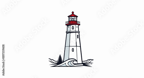 A stylized illustration of a white lighthouse with a red top, standing tall amidst ocean waves and rocks