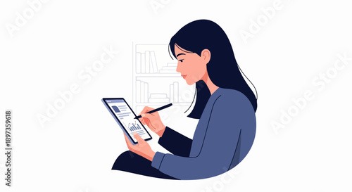 A focused woman in a modern illustration analyzes data on a tablet with a stylus, bookshelf background