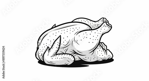 A monochrome illustration of a whole raw poultry, ready for cooking, presented on a white background