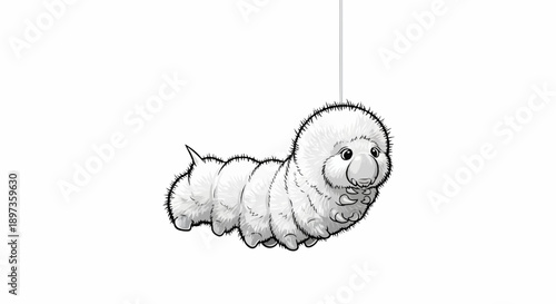 A fluffy white cartoon silkworm with dark outlines is suspended by a thin strand on a white background