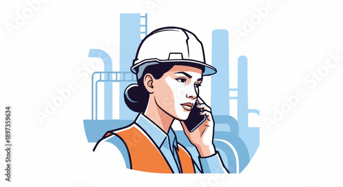 A focused female engineer in a hard hat and safety vest talks on a phone at an industrial site