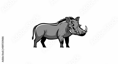 A monochrome vector illustration of a warthog, depicted in a standing profile view on a white background