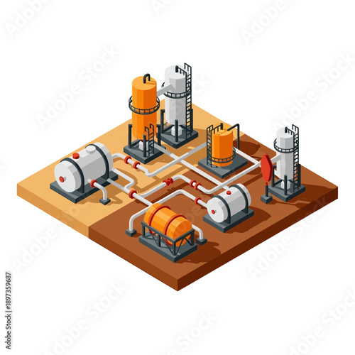 Isometric Industrial Plant with Storage Tanks and Pipelines.