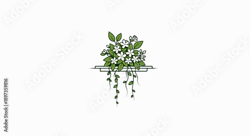 A stylized illustration of white flowering plant with green leaves, cascading from a minimalist shelf