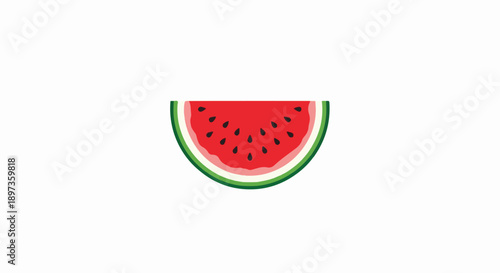 A vibrant, cartoon-style half-slice of a juicy red watermelon with numerous black seeds and green rind