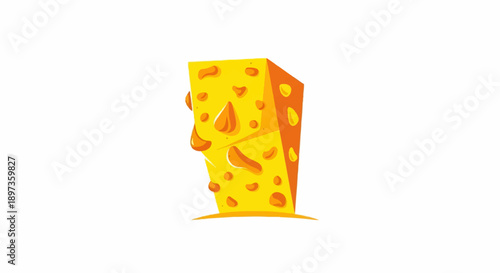 A vibrant, cartoonish illustration of a yellow cheese block with holes and melting parts, on white background