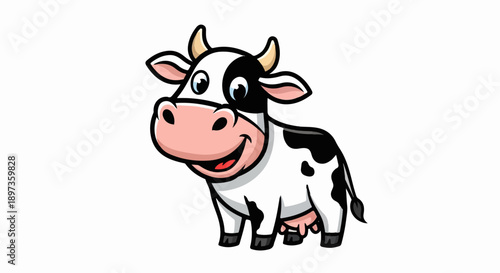 A friendly, smiling black and white cartoon cow with horns and a pink snout stands on a white background