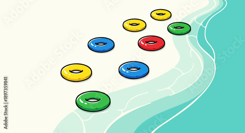 A fun illustration of vibrant red, blue, green, and yellow inflatable rings floating on calm water