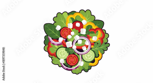 A vibrant cartoon-style illustration of a fresh, colorful salad with lettuce, tomatoes, cucumber, peppers, onions, and feta cheese