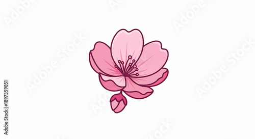 A vibrant cartoon-style pink flower with an unopened bud, rendered with a playful, textured outline