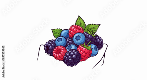 A vibrant, cartoon-style pile of fresh blueberries, raspberries, and blackberries with green leaves