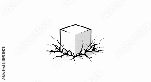 A stylized isometric cube depicted impacting a flat surface, generating radial cracks. Simple white background