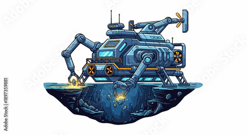 A futuristic blue mining vehicle extracts glowing ore from a dark, cratered alien landscape