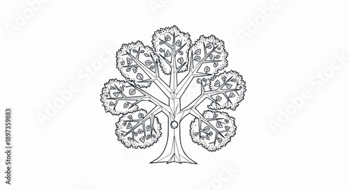 A simple black and white line art illustration of a full-foliage tree with a distinct trunk and branches