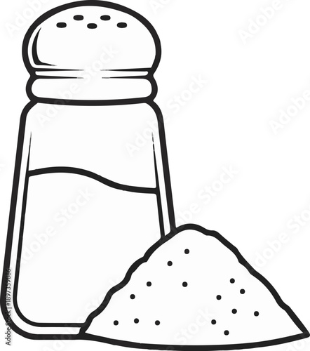 A simple black and white line art illustration showing a full salt shaker standing next to a small pile of granules