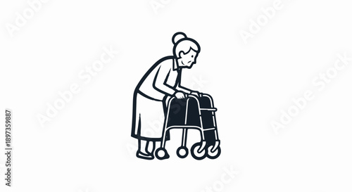 A simple black and white line drawing of an elderly woman walking with the aid of a wheeled walker