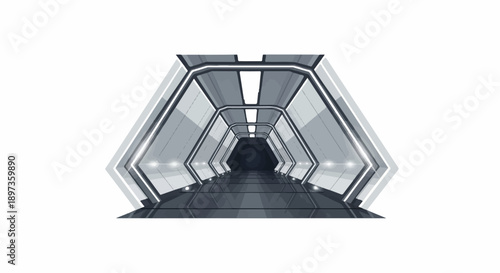 A futuristic, monochromatic pixel art sci-fi spaceship corridor or tunnel, leading into darkness