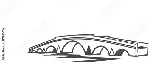 A stylized outline illustration of an arched bridge spanning water, showing its structure and reflection