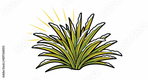 A stylized plant with green and yellow leaves, topped with snow, emitting yellow sun rays on white background