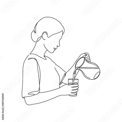 Woman pouring water from a jug into a glass in a continuous line