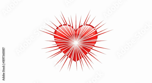 A glossy red heart with a bright center radiates red lines, creating a burst effect on white