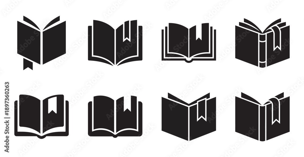 Fototapeta premium A collection of black silhouette icons representing open books with bookmarks for various uses