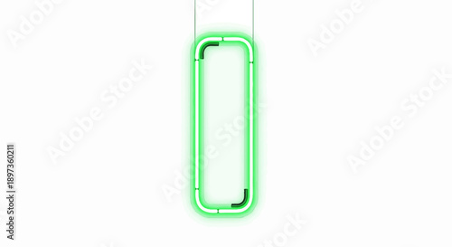 A glowing green neon light tube bent into a rounded rectangular shape, suspended against a clean white background