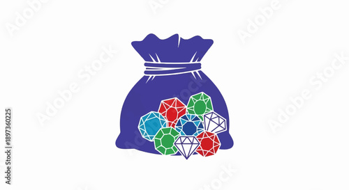 A simple graphic illustration of a dark blue drawstring bag filled with multiple colorful faceted gemstones