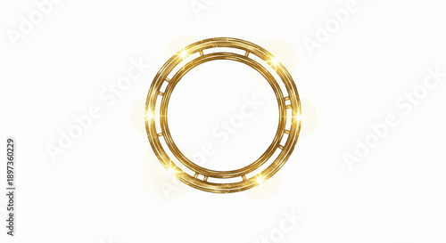 A glowing, ornate gold metallic circular frame with a textured surface on a clean white background