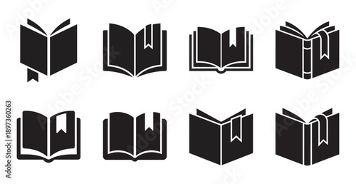 A collection of black silhouette icons representing open books with bookmarks for various uses