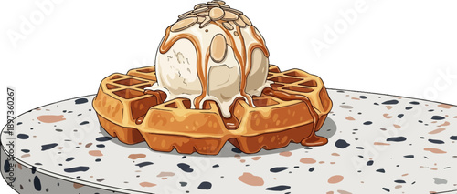 A golden waffle topped with vanilla ice cream, caramel drizzle, and almond flakes on a speckled table