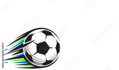 A stylized soccer ball with dynamic speed trails in black, white, blue, and green on a white background