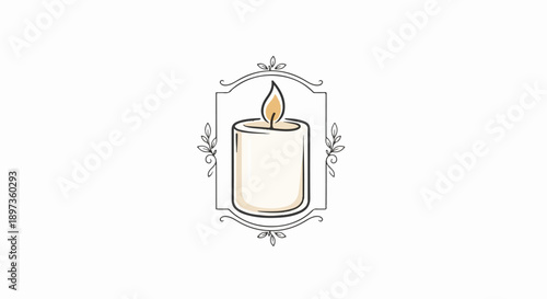A simple, hand-drawn illustration of a lit candle within a decorative, rectangular frame with leaves