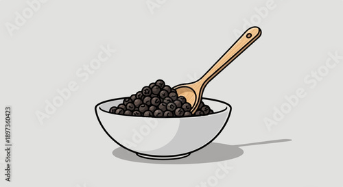 A simple illustration of a white bowl overflowing with dark, round pellets, with a wooden spoon inserted