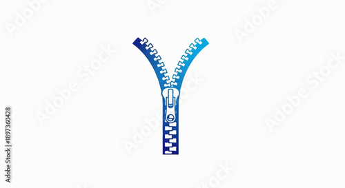 A graphic illustration of a partially unzipped zipper with a blue gradient, forming a 'Y' shape