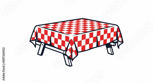 A vibrant red and white checkered tablecloth drapes over a sturdy wooden picnic table, ready for outdoor dining
