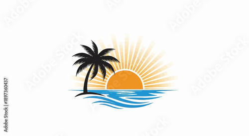 A graphic illustration of a palm tree silhouette on a beach with a vibrant orange sunset over blue water