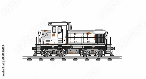 A simple illustration of a weathered, old train locomotive engine on railway tracks, white background